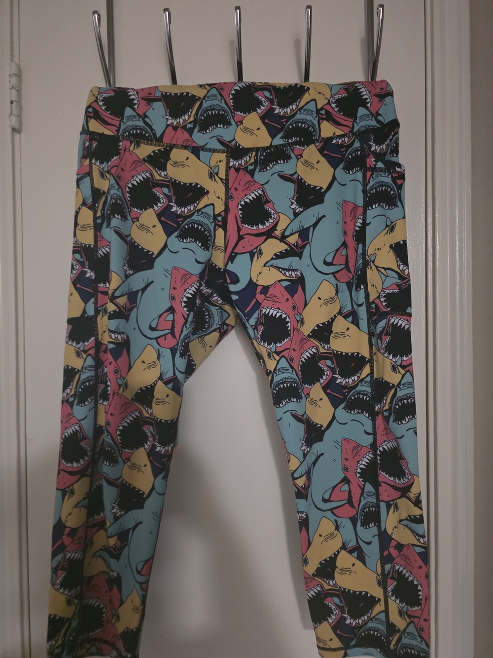Kids Shark-Print Leggings in Teal, Yellow & Pink